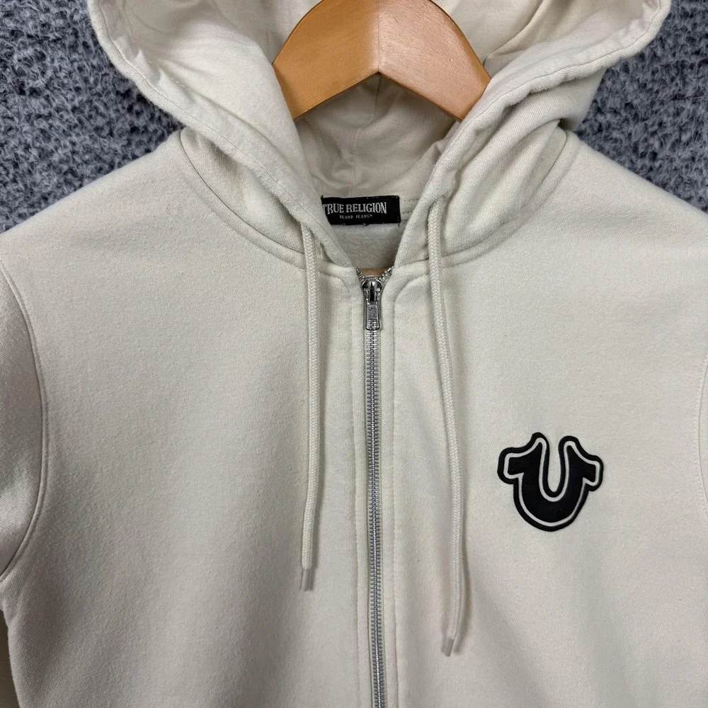 True Religion Hoodie Mens Off White/Cream Core Zip Up Graphic Fleece Logo M